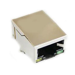 RJ45 Jack, w/LED, w/Transformer, Single Port, Shielded, PCB Shield PEG 3.05mm, Staggered LEDs