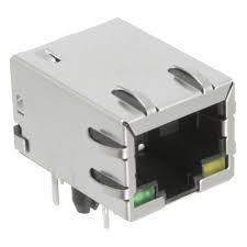 RJ45 Jack, TAB Down, with T-10 Transformer w/LEDs, Single Port Shielded, PCB Shield Peg3.05mm, Staggered LEDs (Ref: WIZNET RB1-125BAG1A)