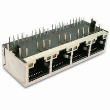 RJ45 Jack, Tab Down, w/ Transformer, w/ LED's, 4 Port, Shielded, PCB Shielded Peg 3.90mm