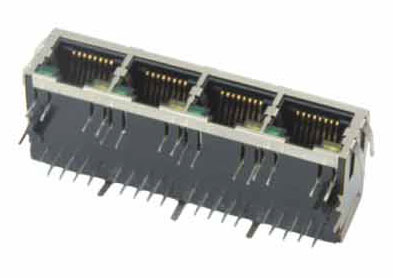 Modular Jack, RJ45, 4 Port, Single Row, Shielded, Side Entry, w/ Bottom LEDs
