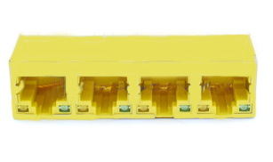 Modular Jack, RJ45, 4-Port, Non-Shielded, Side Entry, Right Angle, Without Tabs, With LED