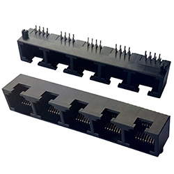 RJ45 Connector, Very Low Profile, 5 Port, Optional Insulator Colors