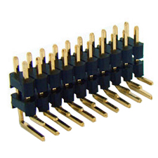 Unshrouded Male Header, 1.27mm Pitch, Through Hole, Double Row, Right Angle, Double Insulator, Insulators On Same Plane